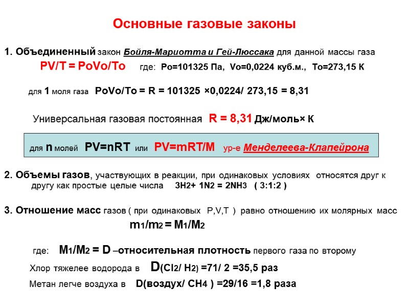 Основные газовые законы 1. Объединенный закон Бойля-Мариотта и Гей-Люссака для данной массы газа 